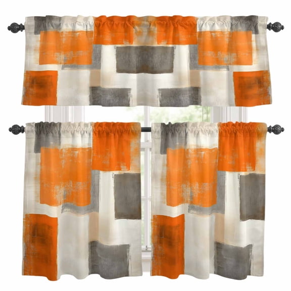 Burnt Orange Grey Kitchen Curtains Sets for Windows 36 Inch Length, Oil Painting Modern Abstract Rod Pocket Window Treatments Tier Curtains and Valances Set for Bedroom/Bathroom