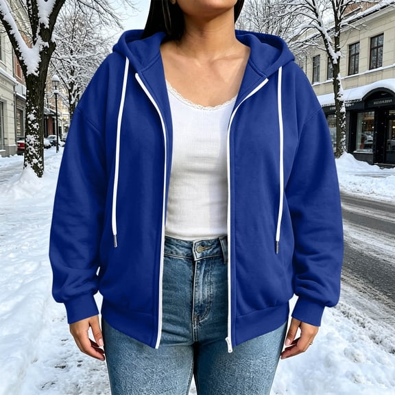 Plus Size Women's Zip up Hoodie Solid Drawstring Hood Long Sleeve Basic Casual Sweatshirt Outerwear Blue 4XL