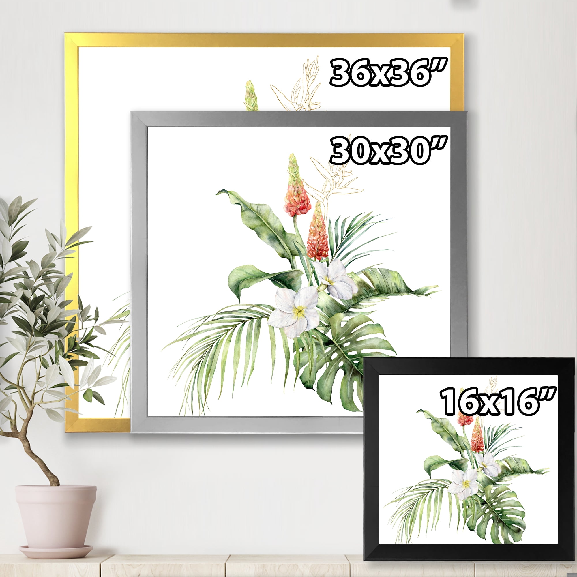 Designart 'Tropical Bouquet With Plumeria Lupine Palm Leaves' Traditional Framed Art Print