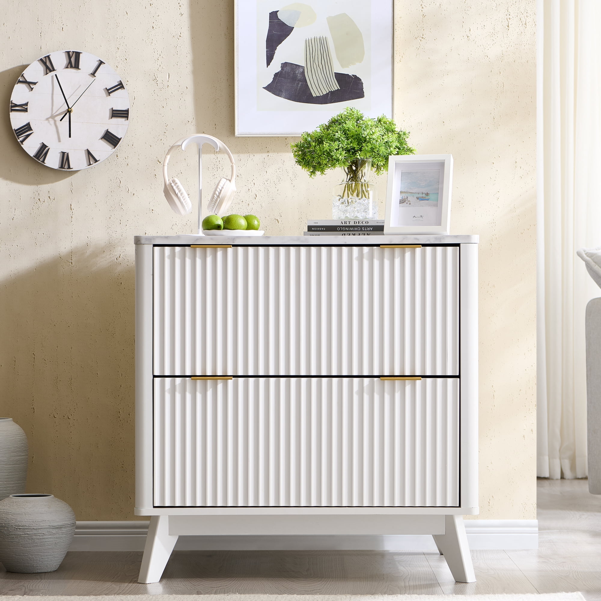 Keywhat Lateral File Cabinets with 2 Drawers, Modern Large Filing Organization with Fluted Texture Design for Letter/Legal/A4 Size Files, Home Office, White