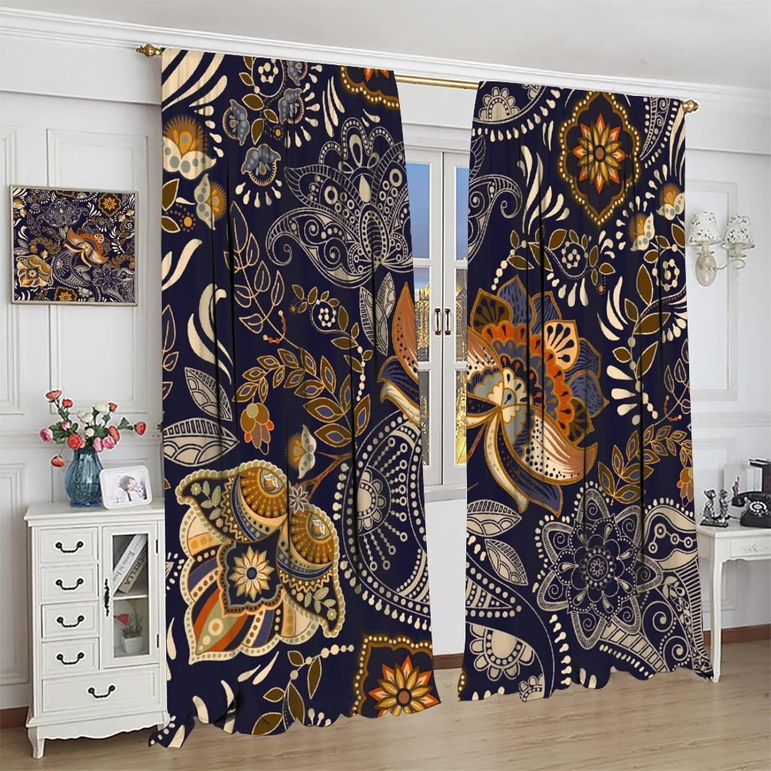 Indian Boho Curtains, Mandala Design Colorful Boho Floral Paisley Curtains, Bedroom Living Room Blackout Decorative Curtains, 2 Panel Set, 42X84x2 Inch.