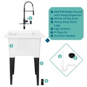 White 18 Gallon Utility Sink with Black Coil Pull-Down Faucet Luxe Edition