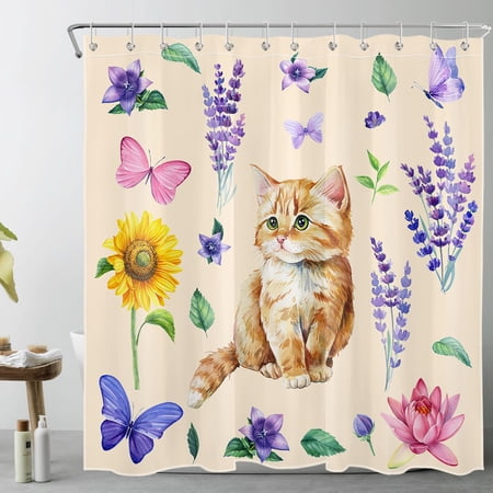 HVEST Funny Cat Shower Curtain for Bathroom,Colorful Butterfly and Floral Green Leaf Botanical on Beige Fabric Shower Curtain with Hooks,Rustic Nature Bathroom Curtain Shower Set, 69x70 inches