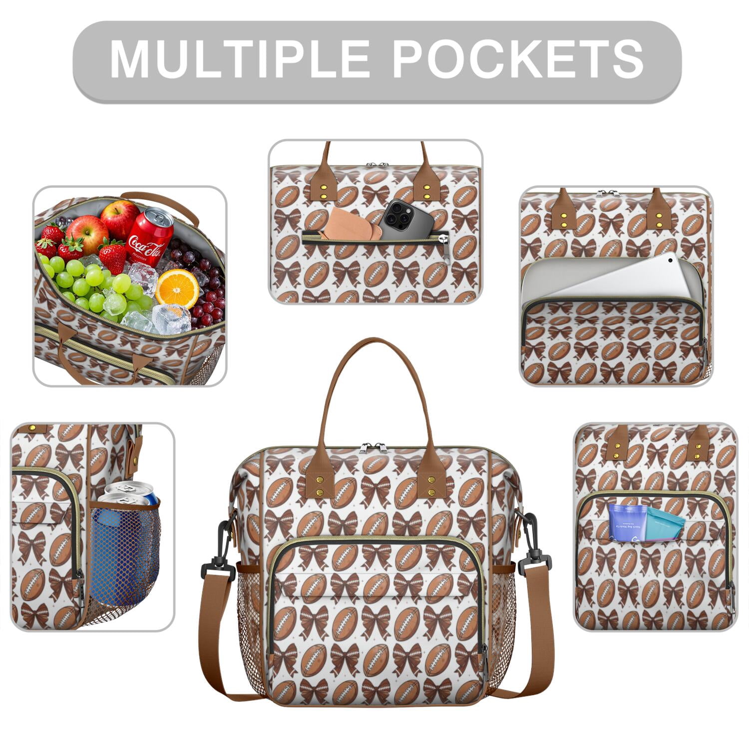 Brown Footballs and Bows Pattern Womens Lunch Box for Work,Insulated Large Lunch Bag for Tween and Teen,Loncheras Para Mujer,Leakproof Adult Lunch Bag for Work,Beach,Travel,Picnic,Camping