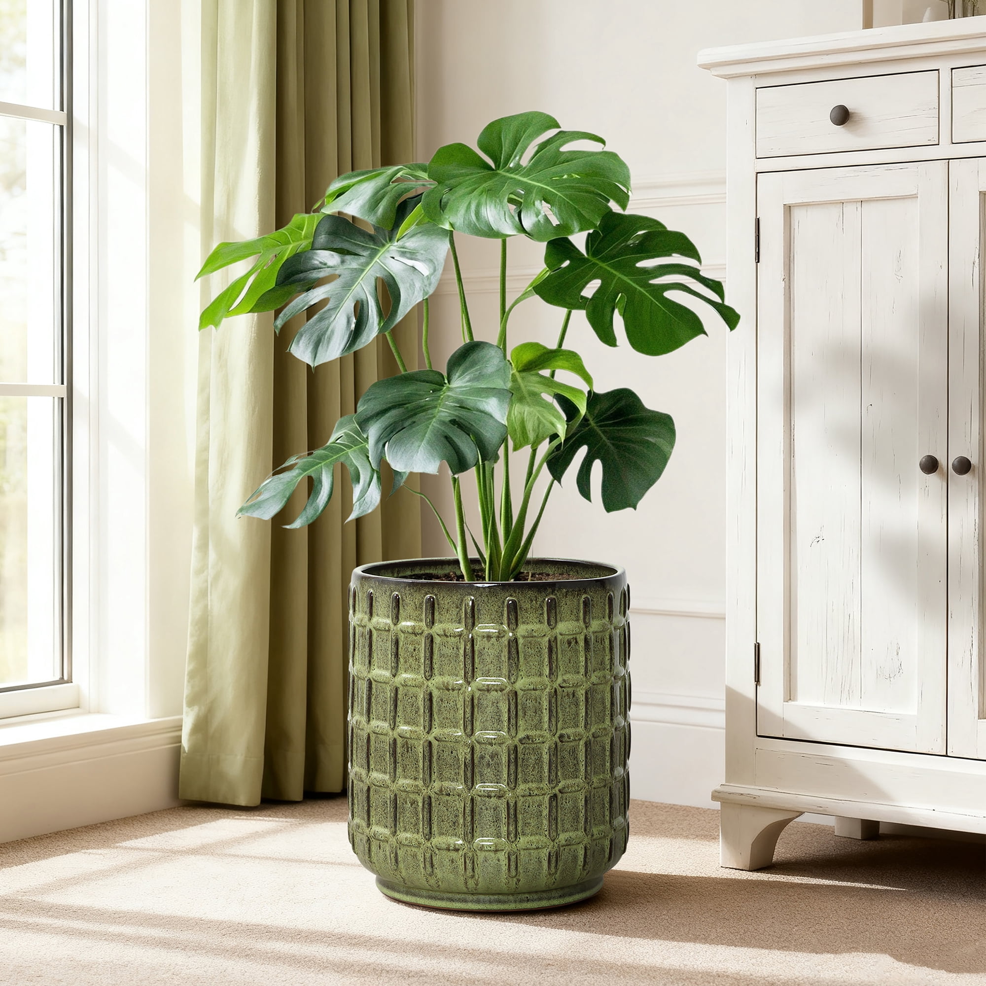 LuxenHome 14" Tall Ceramic Planter Pot for Indoor Outdoor Plants with Geometric Texture, Large Garden Plant Pots with Drainage Hole, Green