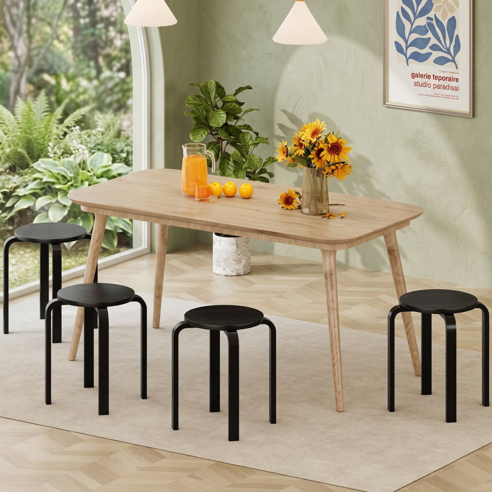 Furnibear Set of 4 Stackable Bentwood Dining Chairs, 18 Inch Round Top Solid Wood Kitchen Side Chairs, Space-Saving Backless Stackable Seats for Home Office, Black