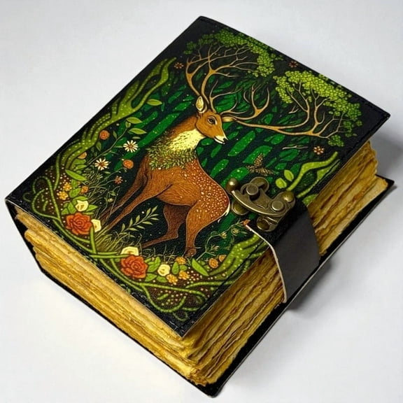 Handmade Leather Journal – Forest Deer Design, 5x7 in, 200 Handmade Deckle Pages, Vintage Clasp, Aesthetic Writing Notebook