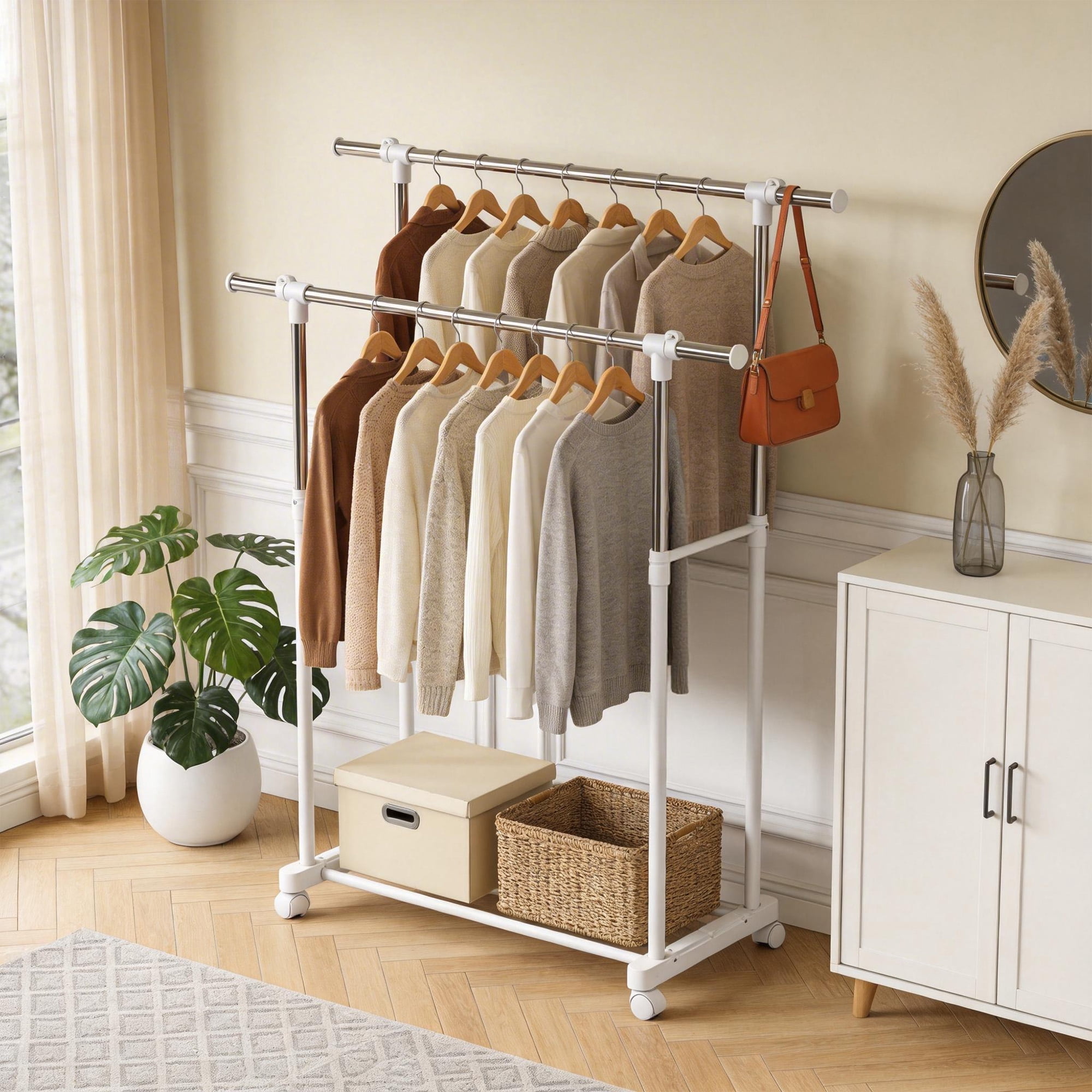 GARITIN Clothes Rack, Double Rods Rolling Clothing Rack, Portable Garment Rack with Wheels, Adjustable Height & Width, for Bedroom Laundry Room, White