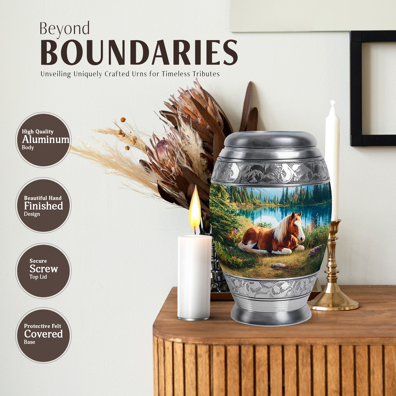 JAGASY Horse Large Cremation Urn for Ashes Adult Male, Blue Urns for Human Ashes Keepsake, Mountain Trees Decorative Urns for Friends, Brown Horse Memorial Urn for Boys & Girls, (10 Inch)