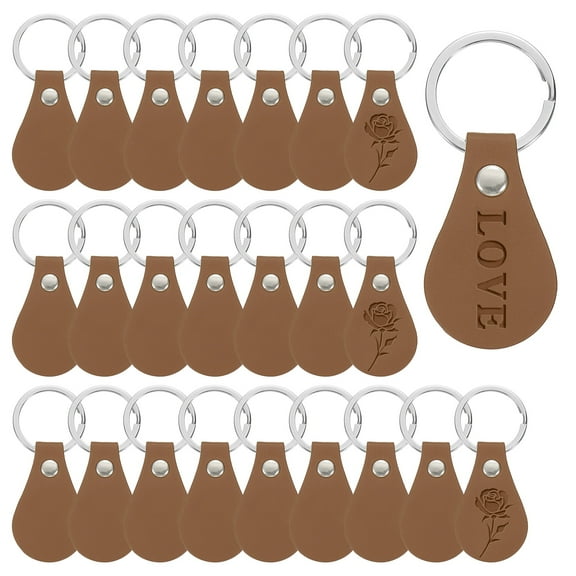 Uxcell 24Pcs Leather Key Fob, Round PU Leather Keychain Blanks with Rivets and Key Rings for DIY Laser Engraving, Brown