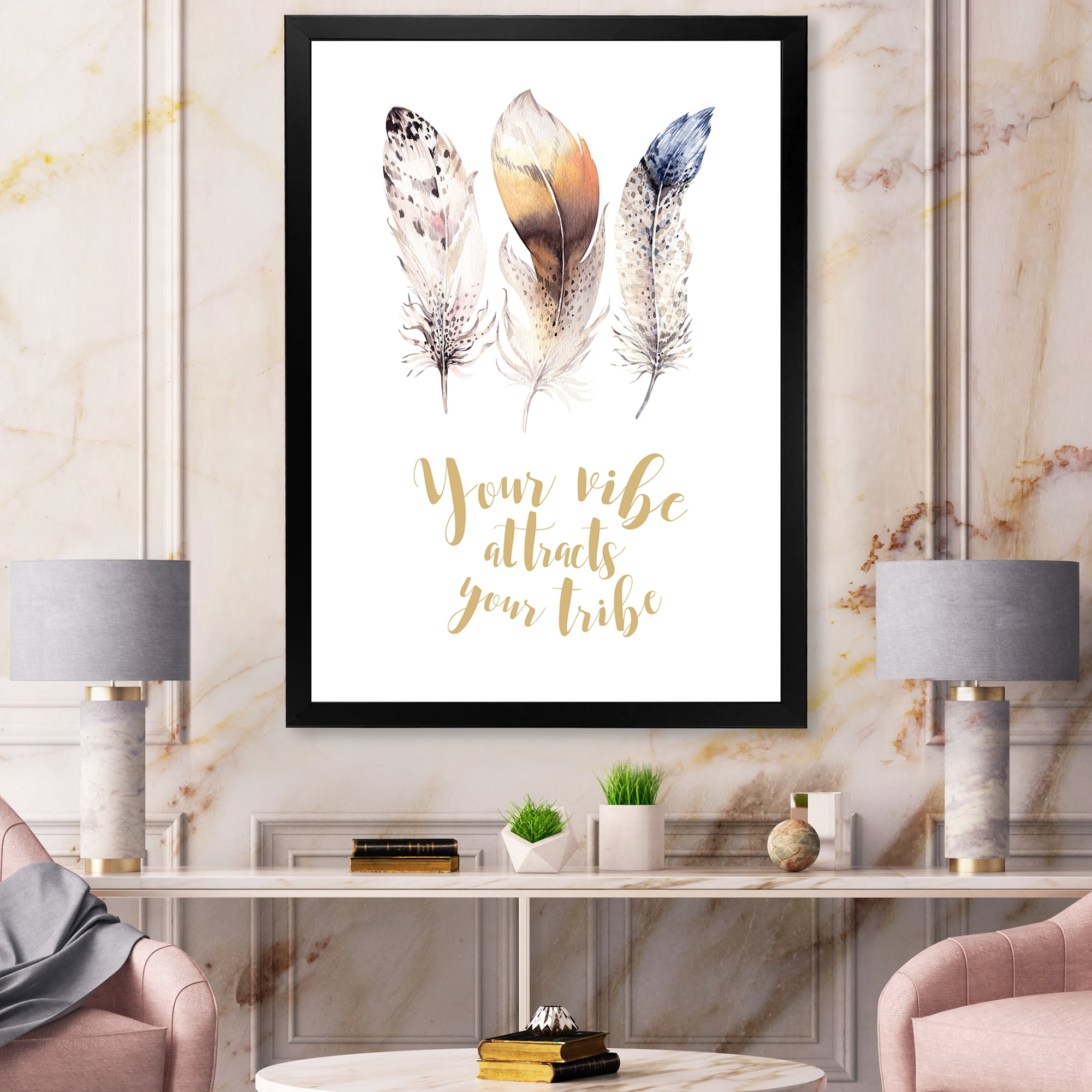 Multi-colored Ethnic Art Feathers With Inspiring Quote 24 in x 32 in Framed Painting Canvas Art Print, by Designart