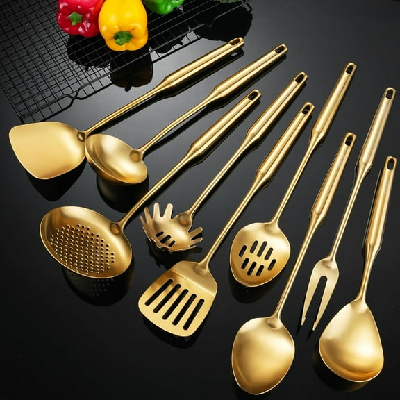 Gold Kitchen Utensils Set 18/10 Stainless Steel, 9 PCS All Metal Cooking Utensils Set 15” with Solid Spoon, Slotted Spoon, Fork, Spatula, Ladle, Skimmer, Slotted Tunner, Spaghetti Spoon, Spoon