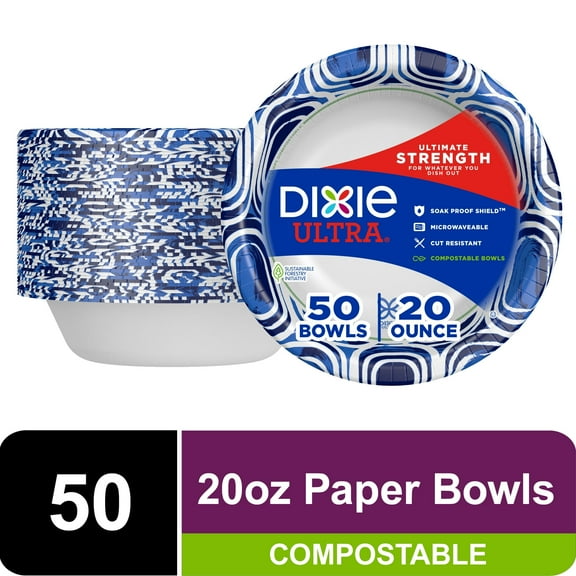 Dixie Ultra Compostable Paper Bowls, 20 Ounce, 50 Count, Multicolor, Disposable Bowls (Pack of 2)