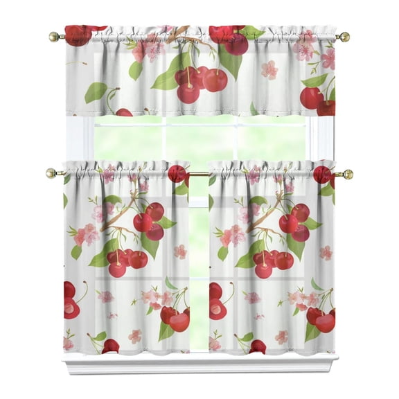 3 PCS Cherry Print Kitchen Curtains Set - Cute Fruit Pattern Valance & Tier Curtains, Red Pink Aesthetic Art for Farmhouse Windows, Rod Pocket Semi-Sheer Window Treatment Panels (54x18 27.5x36x4)