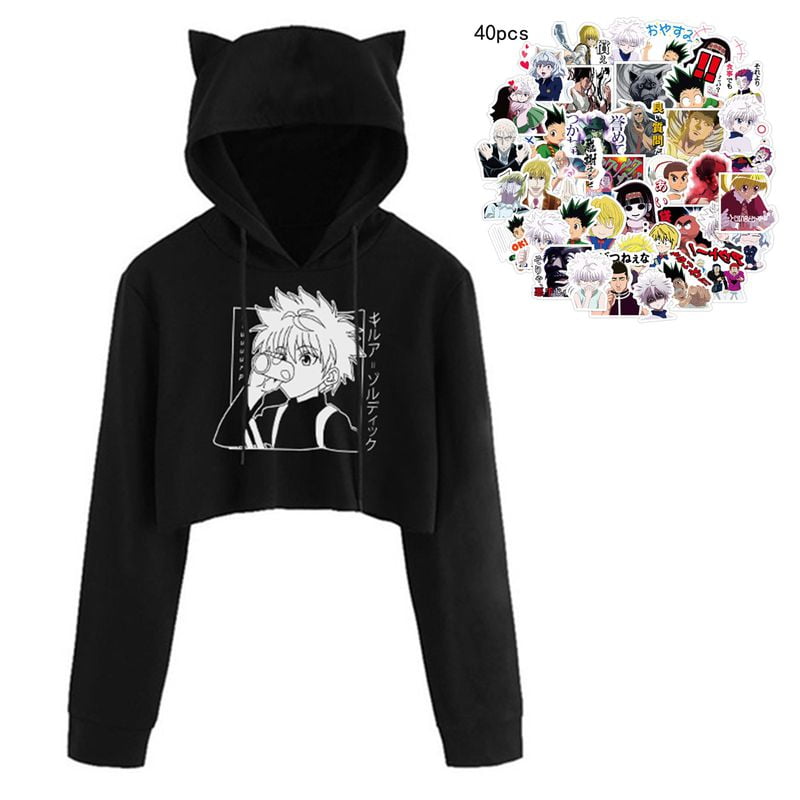 shiyao hunter x hunter hoodie anime manga print cat ear cropped hoodie pullover tops with 40pcs anime stickers for womens teen girls black s walmart com
