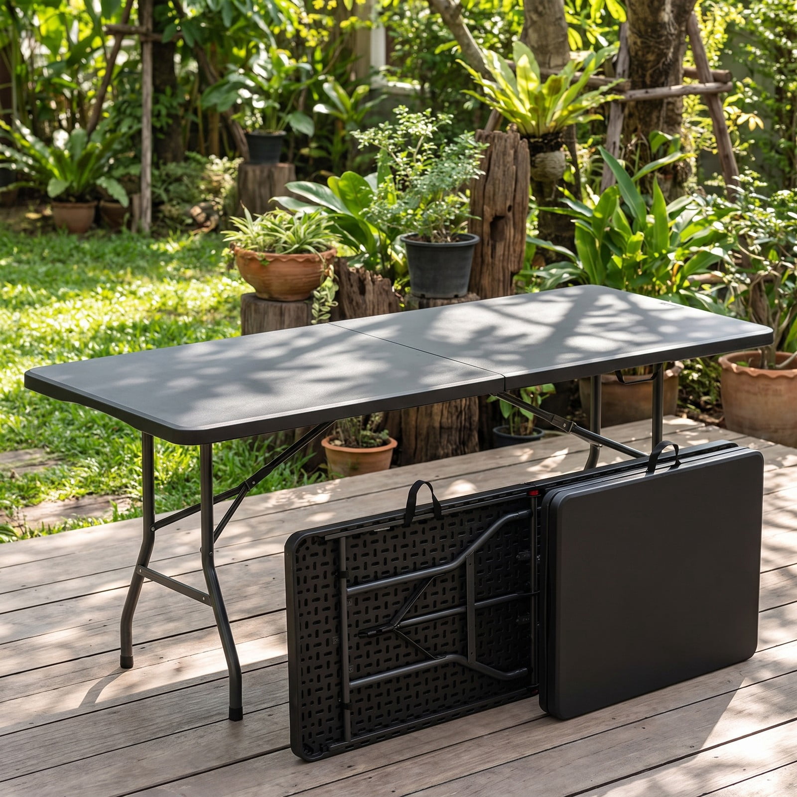 ALPULON 6 FT Portable Folding Table, 350 LBS Fold-in-Half Plastic Utility Table with HDPE Tabletop and Carry Handle for Picnic, Camping, Party and Indoor Events, Black