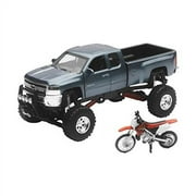NewRay Chevrolet Pickup Truck w/Working Suspension and Honda Dirt Bike, 1:32 Scale, Gray