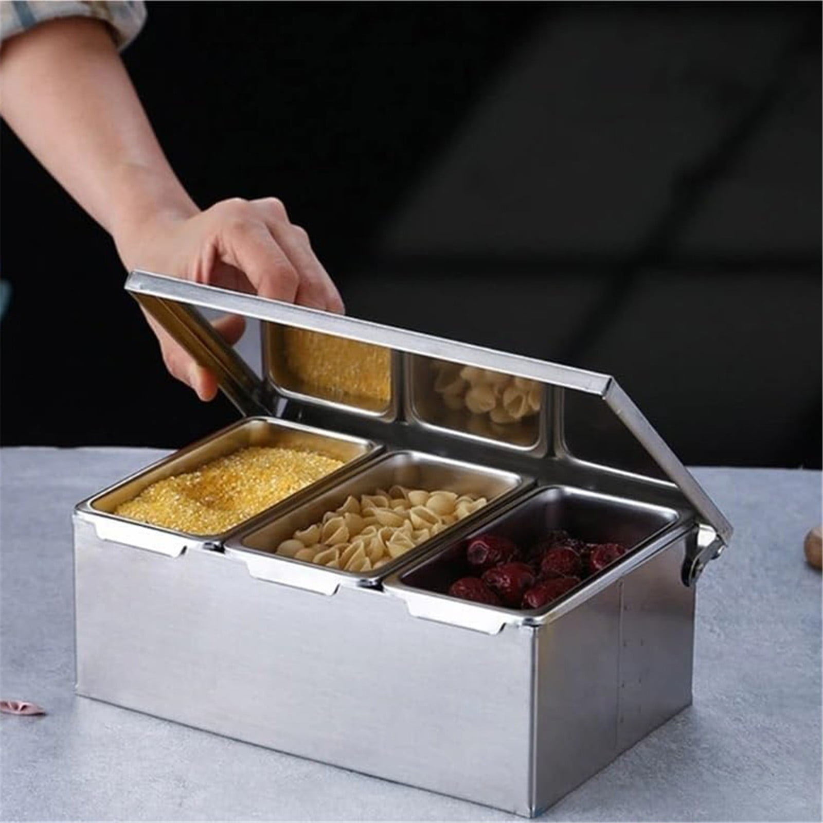 Clearance! 3/4/5/6 Compartment Trays Stainless Steel Detachable Topping Station Plastic Pizza Ingredients Condiment Dispenser Reusable Condiment Seasoning Container for Home or Restaurant