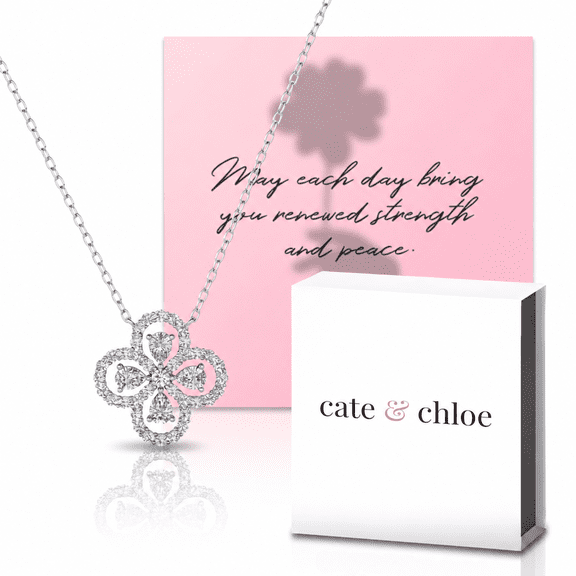 Cate & Chloe Marie 18k White Gold Plated Clover Flower Necklace & Strength and Peace Shadow Card