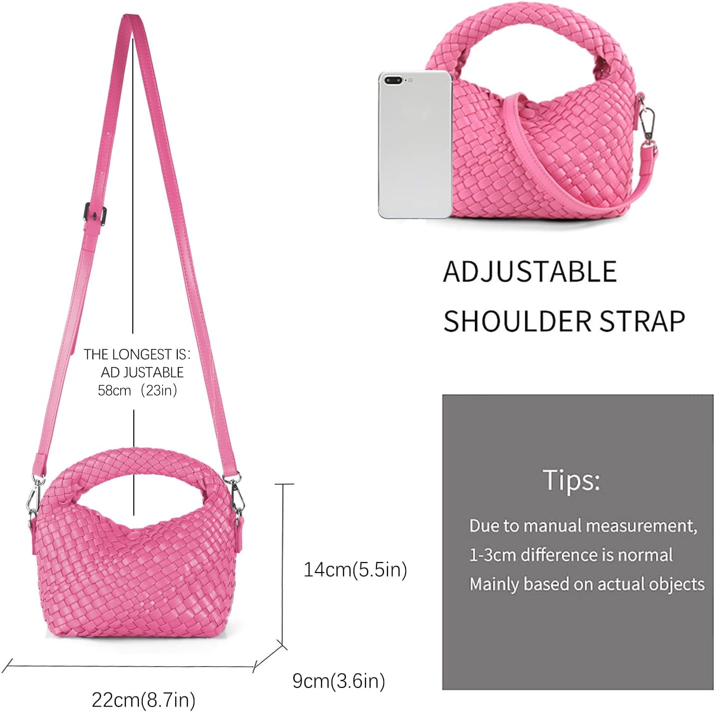 HMSHA Women Woven Tote Small Crossbody Bag, Weave Quilted Purse Square Shoulder Bag Woven Handbag with Detachable Strap