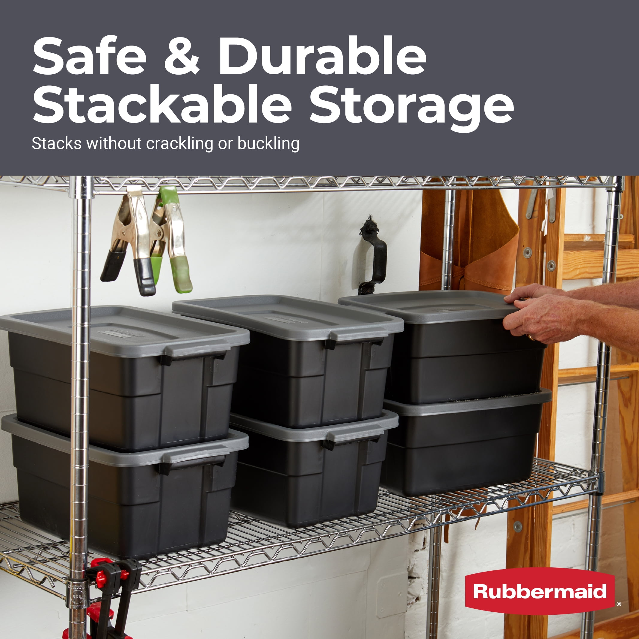 Rubbermaid Roughneck Tote 14 Gallon Stackable Storage Container with Stay  Tight Lid & Easy Carry Handles, Black/Cool Gray 6 Pack 