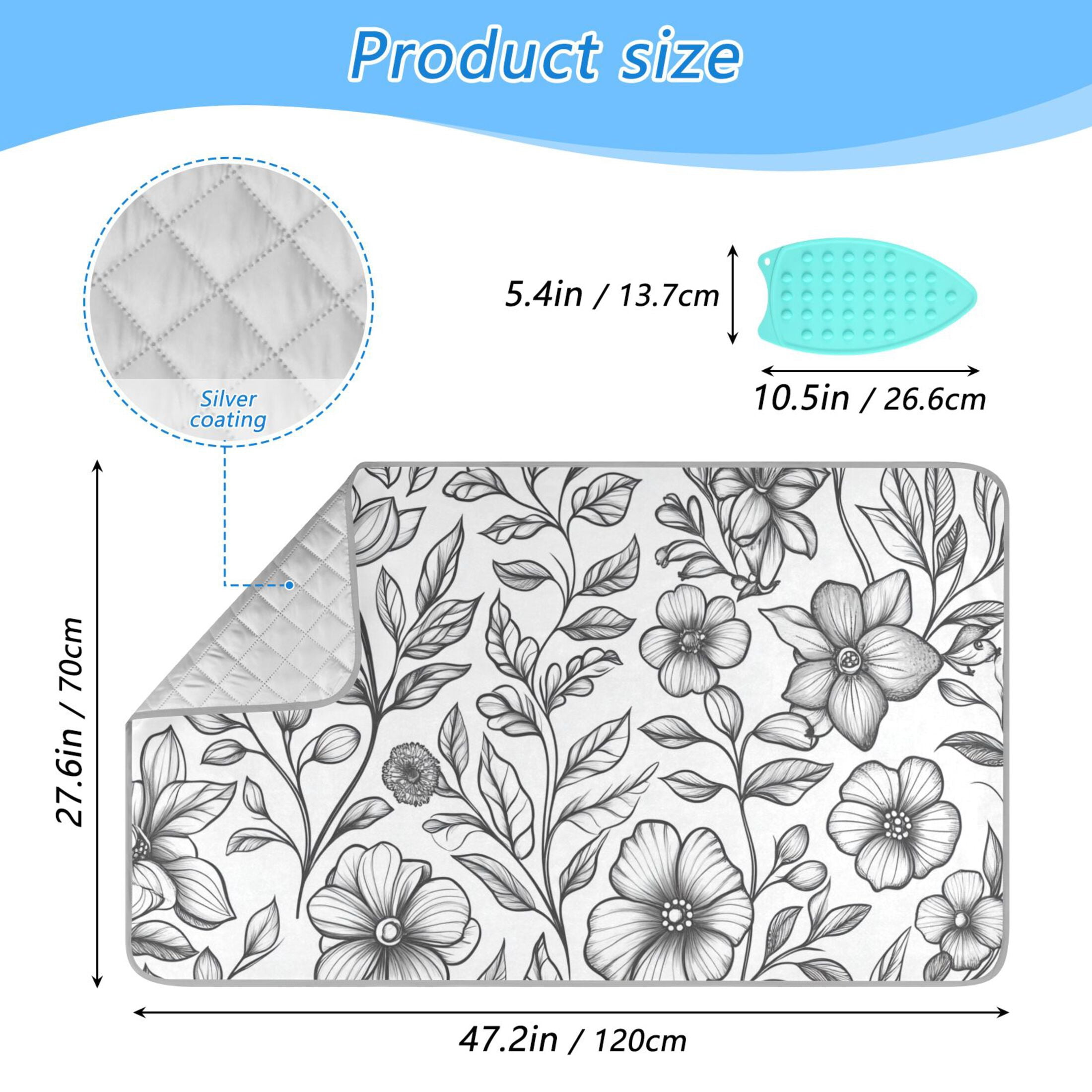 Flowers and Leaves Line Art Ironing Mat Blanket Portable Travel Ironing Pad Heat Resistant Pad 47.2" x 27.6”