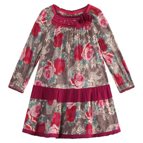 Girls Red Flower Printed Neck Pearl Embroidery Dress 11/12