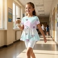 thumbnail image 5 of IYYVV 2-Piece Girls' Outfit Breathable Ruffle Top and Biker Short Summer Printed Matching Set Loose Lightweight Lounge Sets Purple Pink 150, 5 of 7