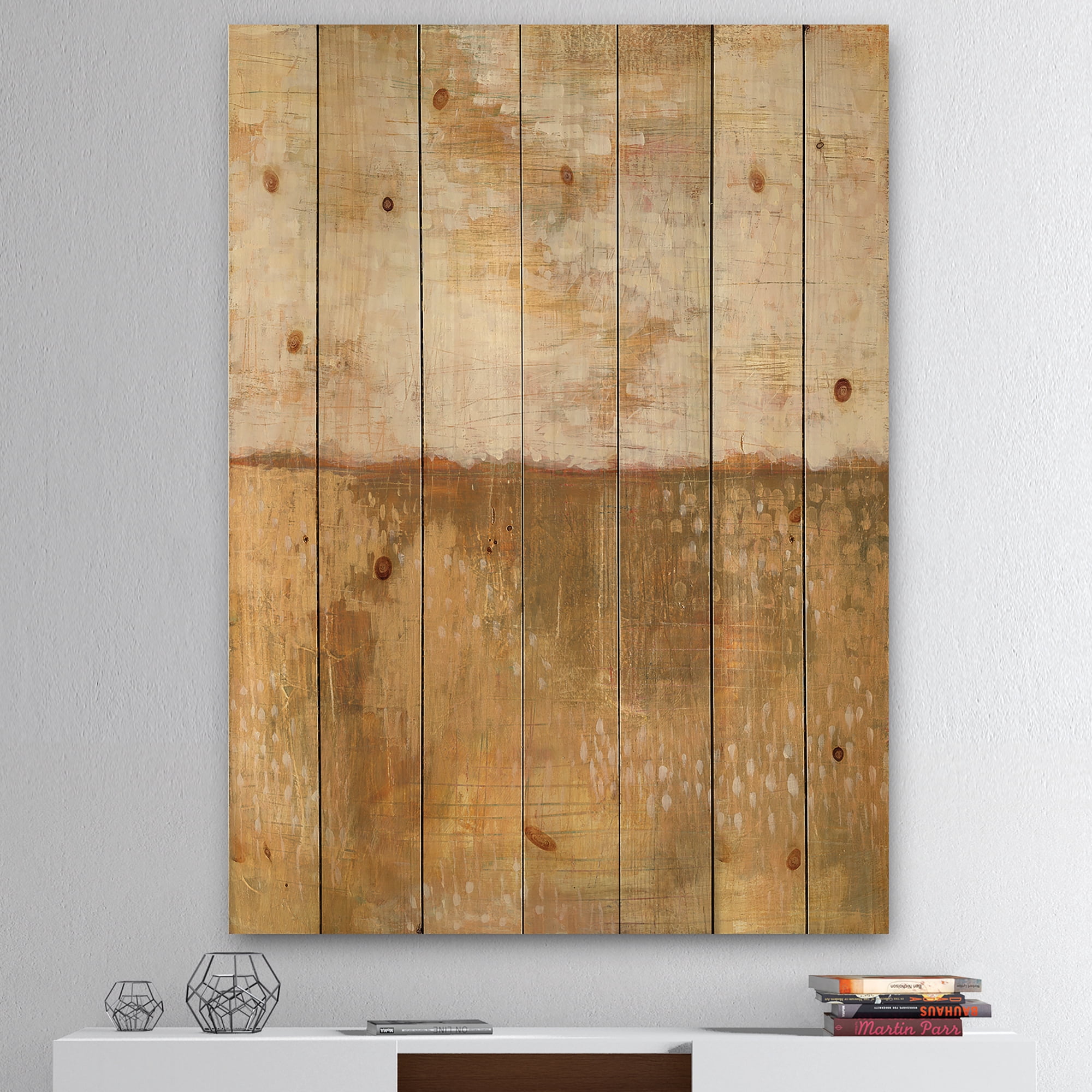 Designart 'Abstract Amber Modern Horizon' Abstract Print on Natural Pine Wood