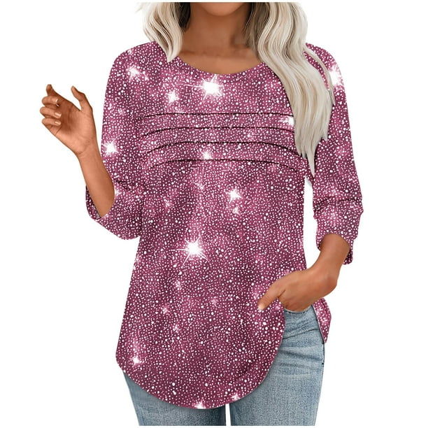 Heisall Womens Tops 3/4 Sleeve Round Neck Loose Casual Tshirts Striped Print Pullover