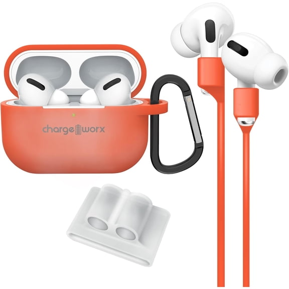 CHARGEWORX 4-Piece Accessory Kit for Apple AirPods with AirPod Case, Carabiner Clip, Nectarine