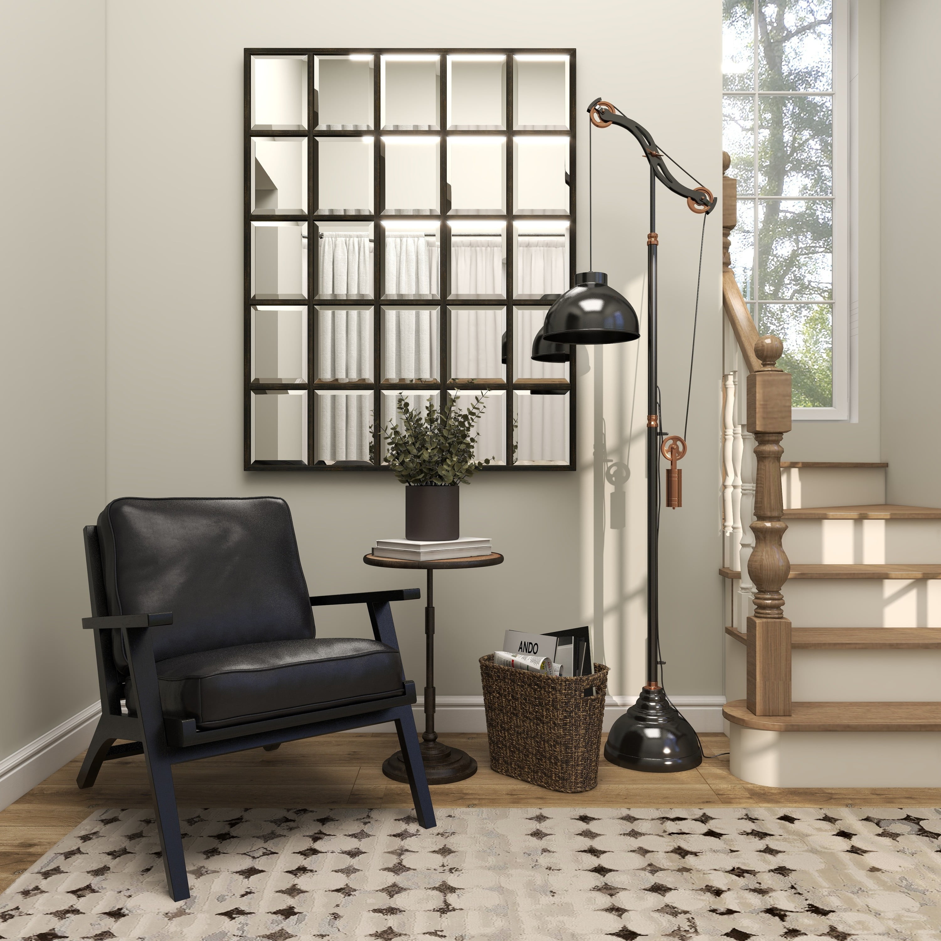 DecMode Leather Mid-Century Lounge Chair with Teak Wood Frame, Black