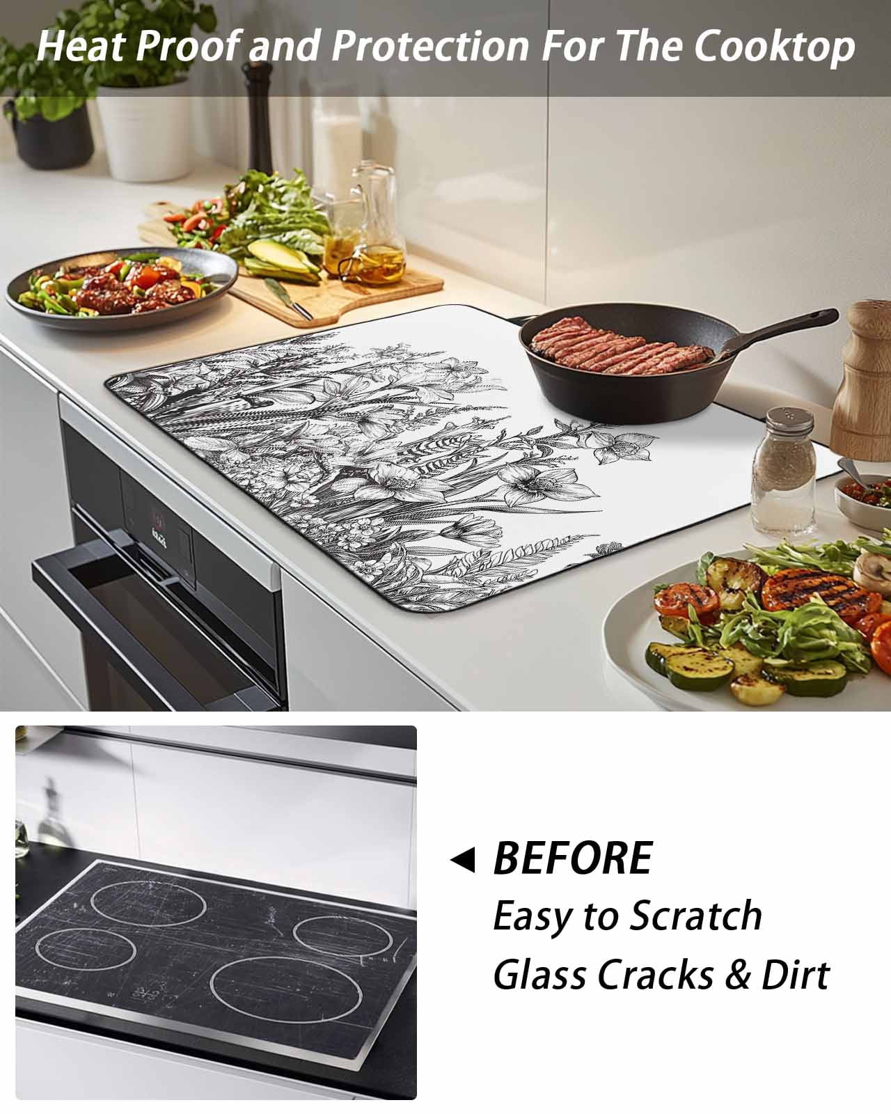 Stove Top Covers for Electric Stove, Wildflower Leaf Glass Stovetop Cover Protector, Grey Floral Botanical White Watercolor Induction Cooktop Protector Oven Mat for Kitchen Countertop 24"x21"