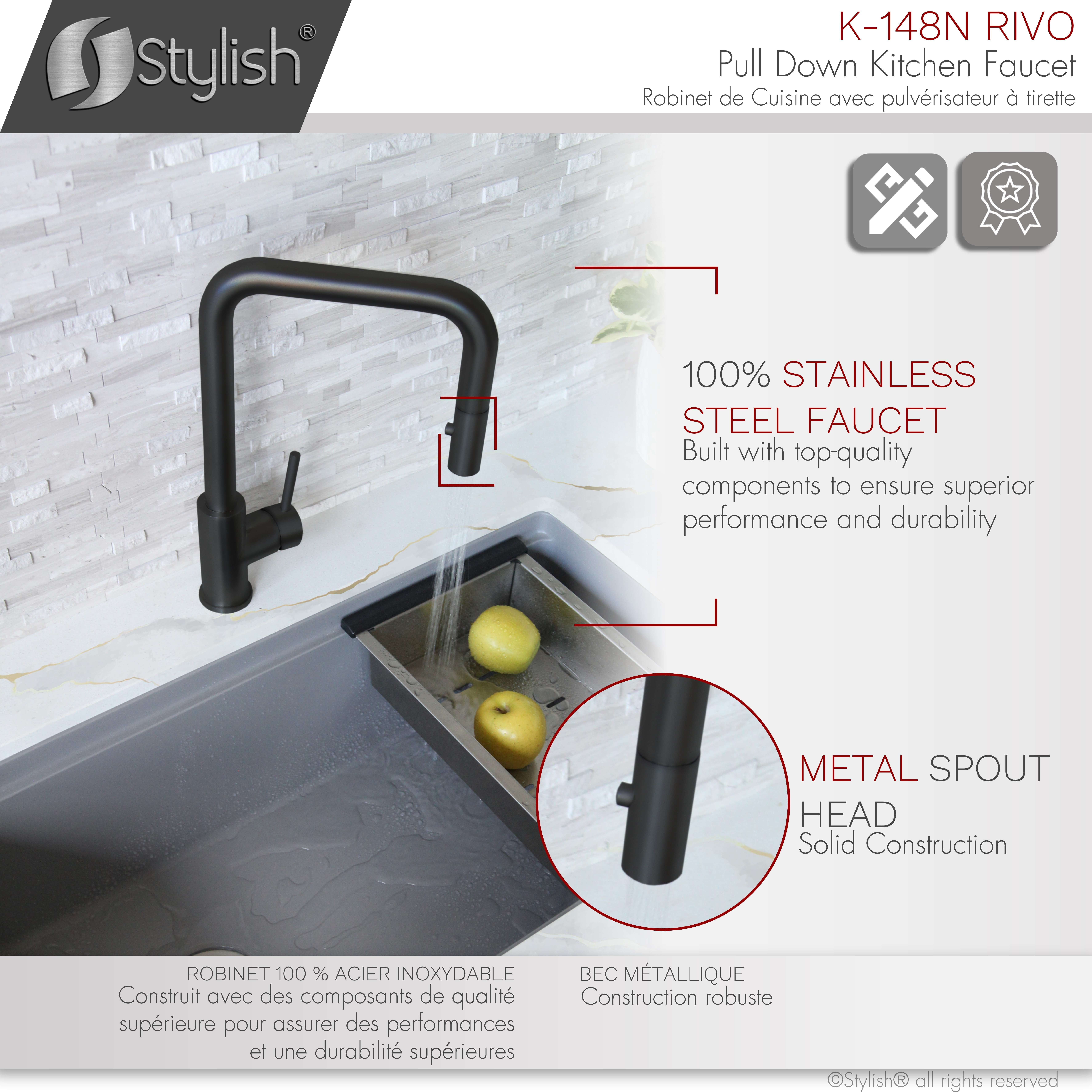 Stylish Rivo One-Handle Matte Black Pull Down Kitchen Faucet Height 14" K-148N