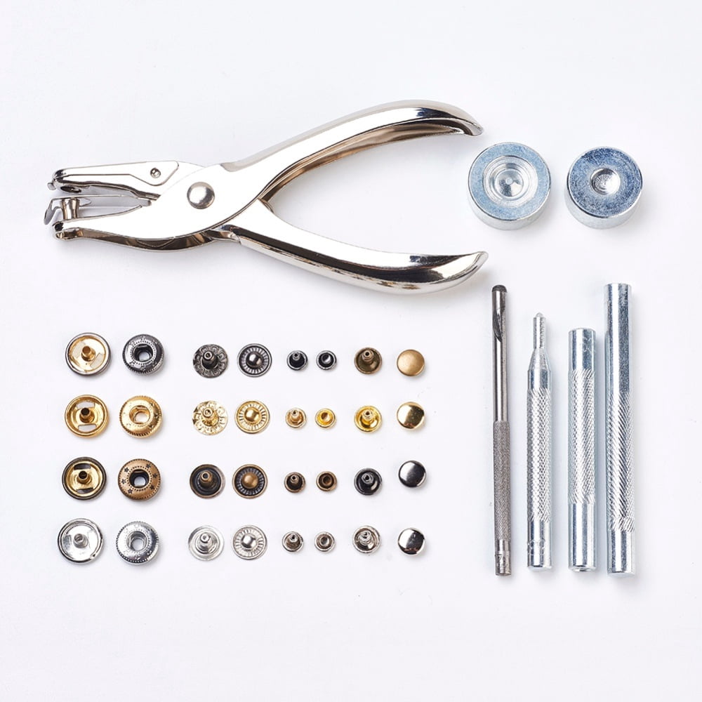 1 box Metal Jewelry Buttons Fastener Install Tool sets with Snap Buttons and Rivet Fixing Tool Pliers and Plastic Packing box Mixed color 19x13.1x2.2cm 4colors/box 10sets/color