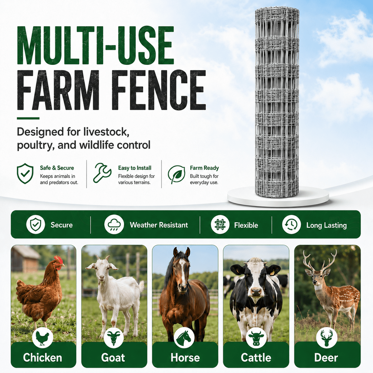Wakefit 5.9 x 164 FT Farm Fence,Heavy-Duty Galvanized Wire Livestock Fence,15-Gauge Steel Mesh for Sheep Duck Pig Cattle Wire Fencing for Yard,Garden,and Livestock Enclosures