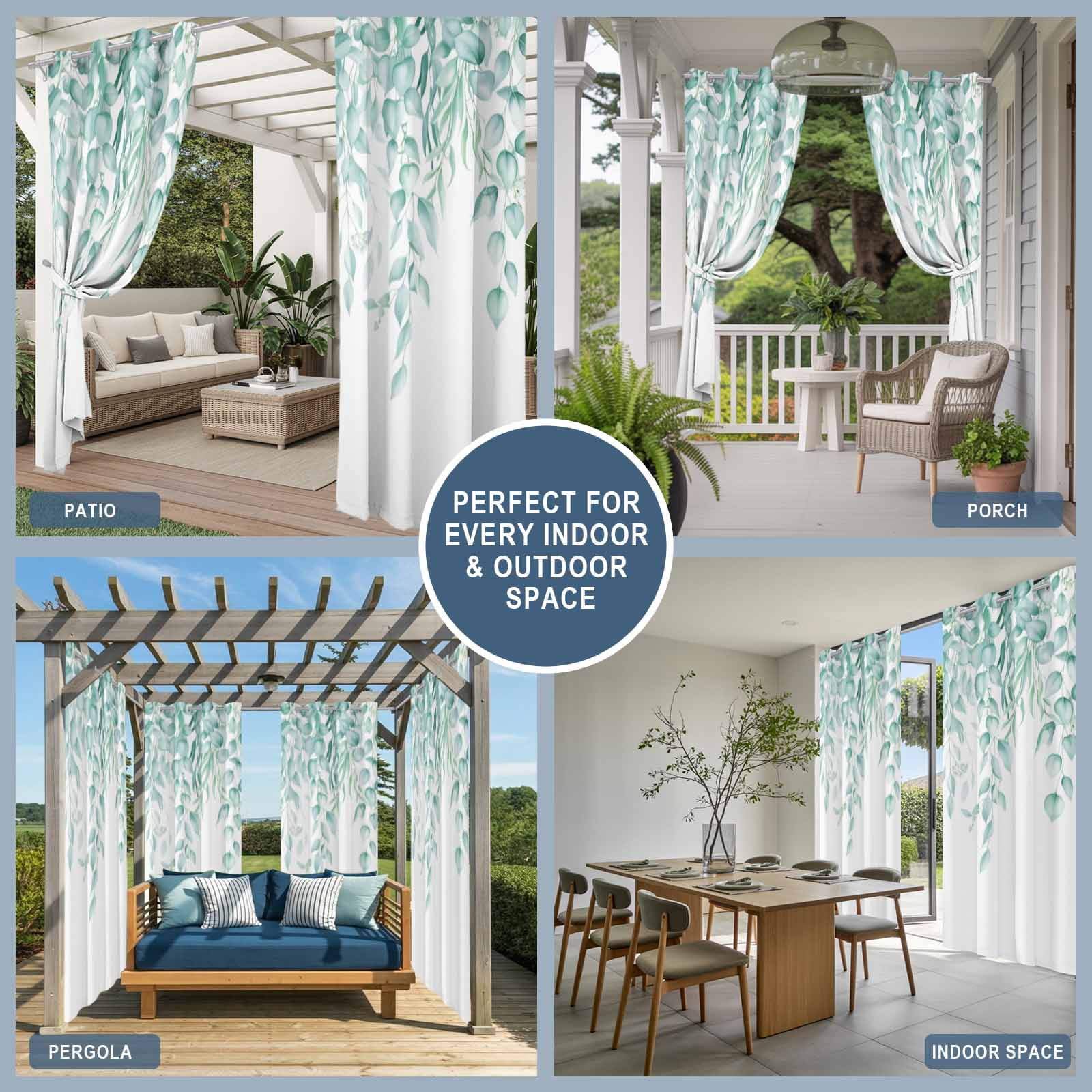 Green Leaf Outdoor Curtains for Patio, Eucalyptus Leaves Spring Plant Farmhouses Waterproof Outside Curtains Privacy Blackout Curtain for Porch Pergola Cabana, 1 Panel 54W x 108L Inch