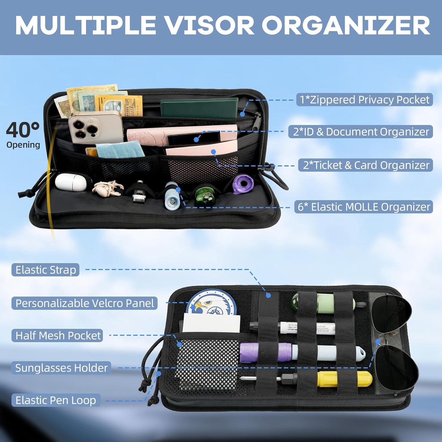Car Sun Visor Organizer, Multi-Pocket Organizer Storage Pouch, Heavy Duty Molle Panel with Double Zippers, Elastic Bands & Glasses Clip, Tactical Pouch for Cars, SUVs, Trucks