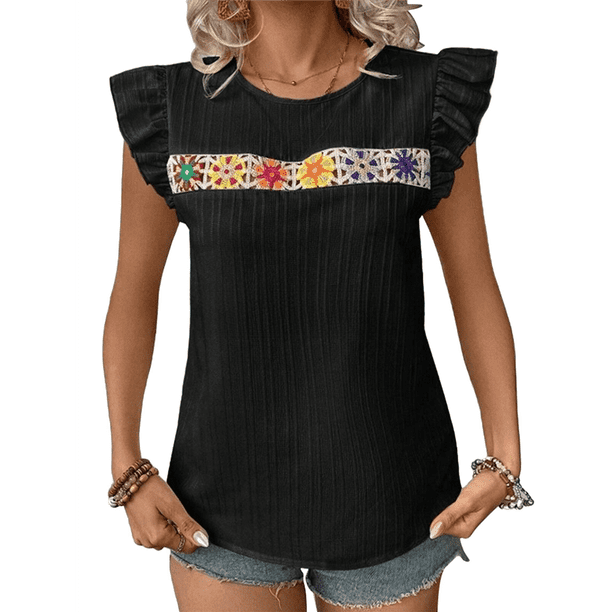 Blusa de Verano con Bordado Floral para Mujer, Cuello Redondo, Corta Negro XL