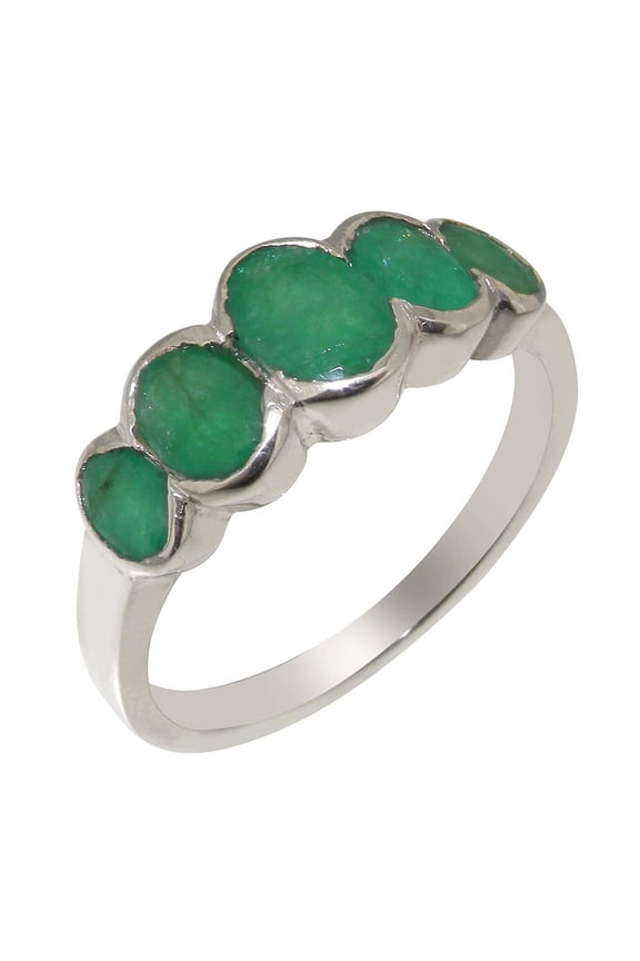 LBG British Made 18k White Gold Ring with Natural Emerald Womens Band Ring - 33 size options - Size 4