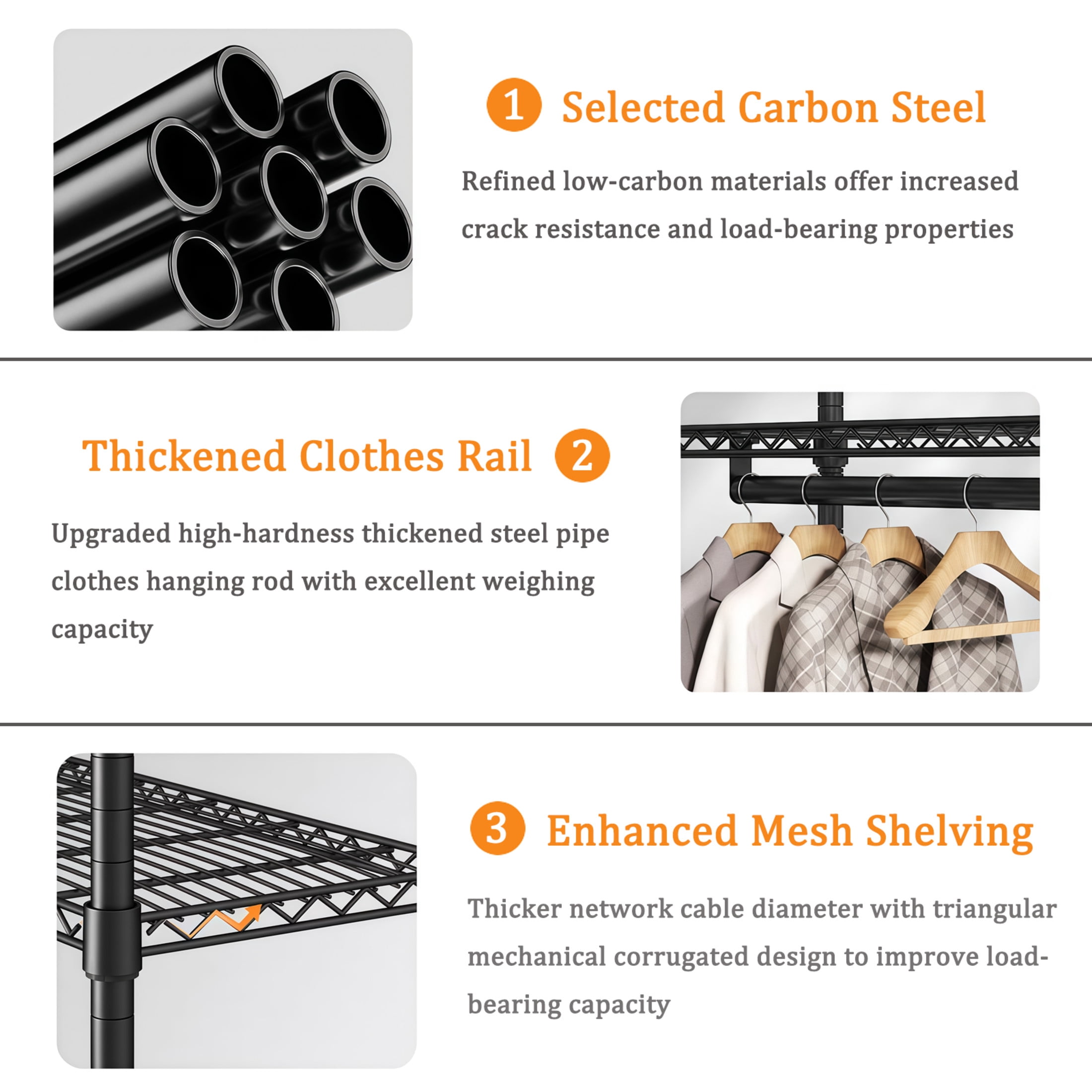 Noble House 76" Heavy-Duty Clothes Rack, Carbon Steel Freestanding Closet Organizer, Adjustable Wire Shelves, Black