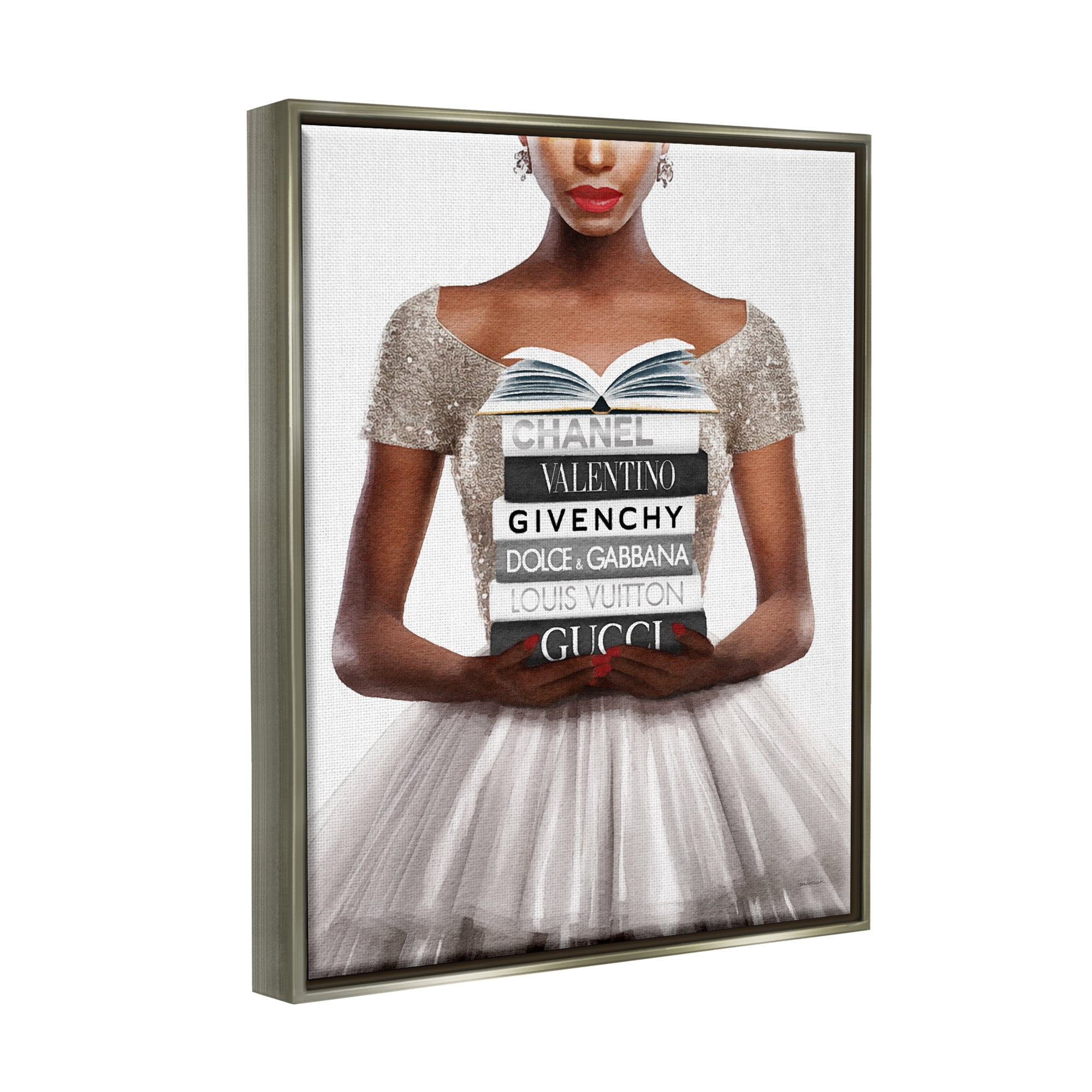Stupell Industries Trendy Girl with Books Beauty & Fashion Painting Gray Floater Framed Canvas Art Print Wall Art, 25 x 31