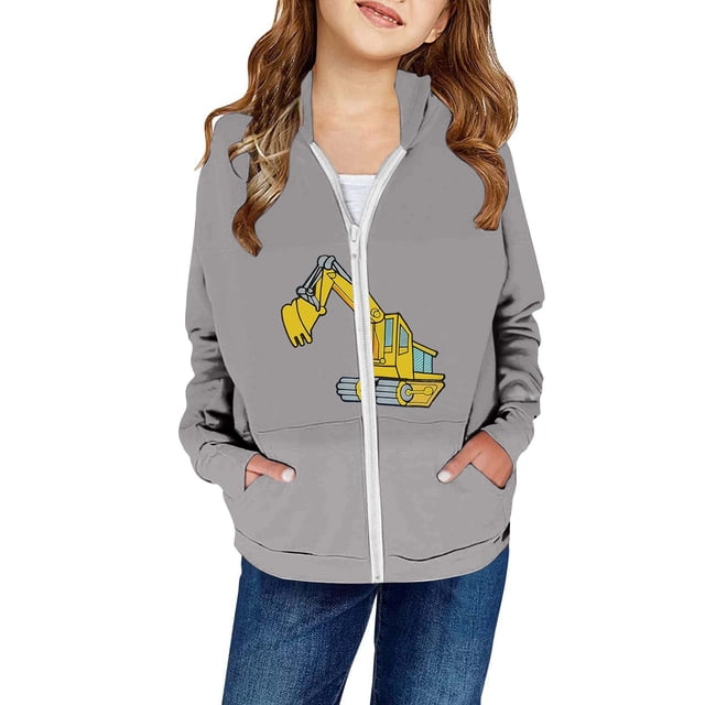 Veste à Capuche Imprimée Excavatrice pour Filles, Doublée, Zippée, pour Jouer en Extérieur et Usage Quotidien, Chaude et Confortable, Enfants de 3 à 12 Ans