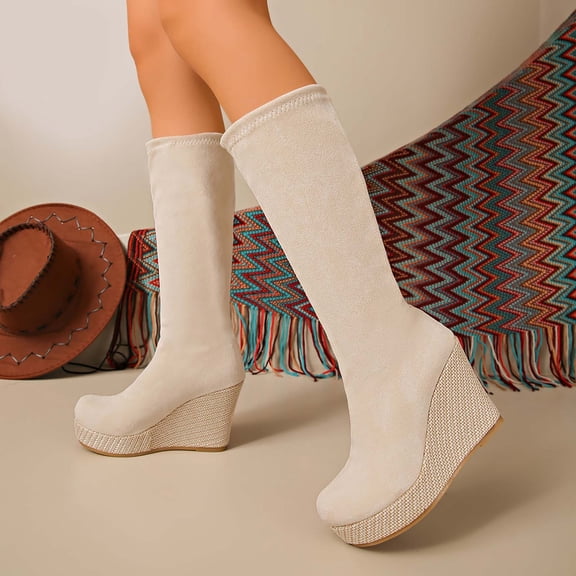 KANG Retro Mid Calf Boots Slip On Round Toe Chunky Low Heel Casual Comfortable Walking Footwear For Daily Outfits Beige 36