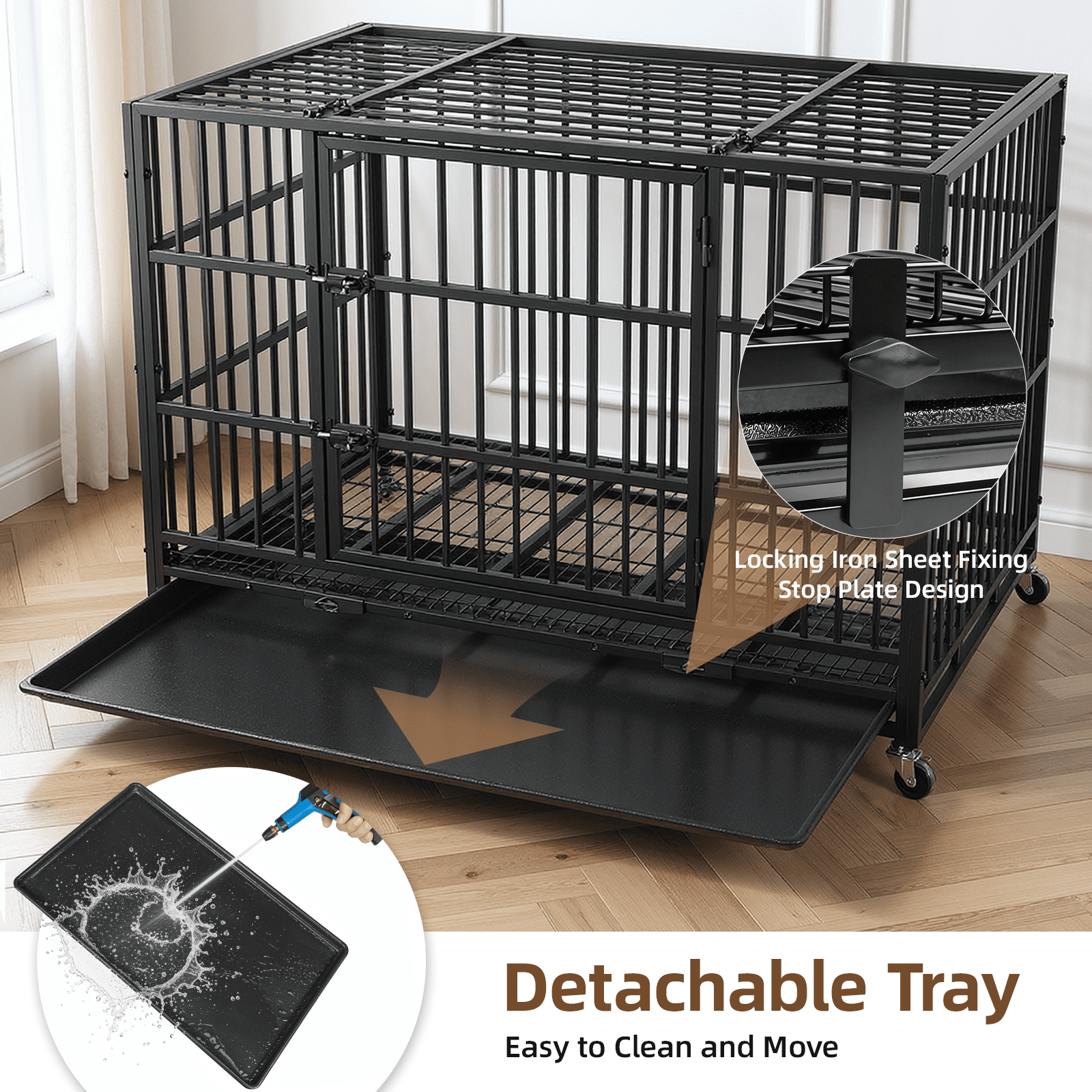 RichYa 42 inch Heavy Duty Indestructible Dog Crate, Escape-Proof Dog Crate Cage Kennel with 4 Lockable Wheels, High Anxiety Dog Crate with Double Door and Removable Tray Design, for Large Dogs