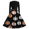 thumbnail image 3 of Fartey Womens Halloween Costume Hepburn Style Long Sleeves Swing Dress Fashion Zip Crew Neck A-Line Dress Fall Winter Pumpkin Print Dresses with Bow Belt, 3 of 3