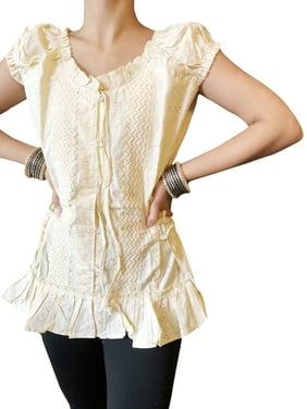 Mogul Women Boho Shirt Lemon Blouse Embroidered Handmade Laceup Gypsy Chic Bohemian Summer Cotton Tops M