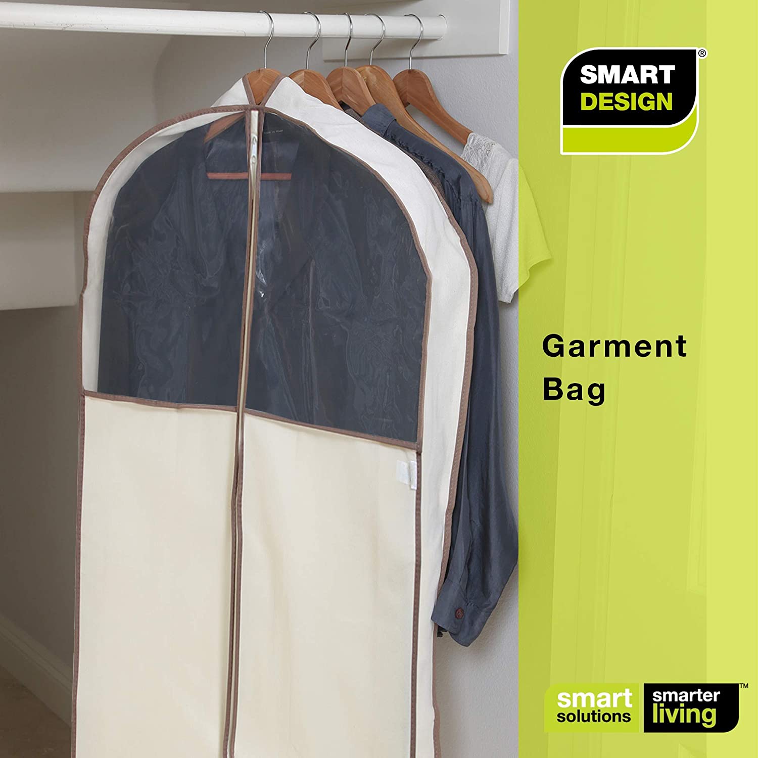 Smart Design Gusseted Garment Bag with Clear Window - Set of 6 - 24 x 54 Inch - Includes Zipper Closure and Travel Loop - Suits, Dresses, and Gowns Storage Organization - Beige