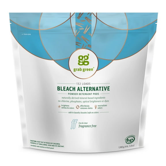 Grab Green Bleach Alternative Pods, 132 Count, Chlorine Free, Fragrance Free, Plant and Mineral Based, Laundry Booster to Brighten Whites, Removes Stains, Neutralizes Odors