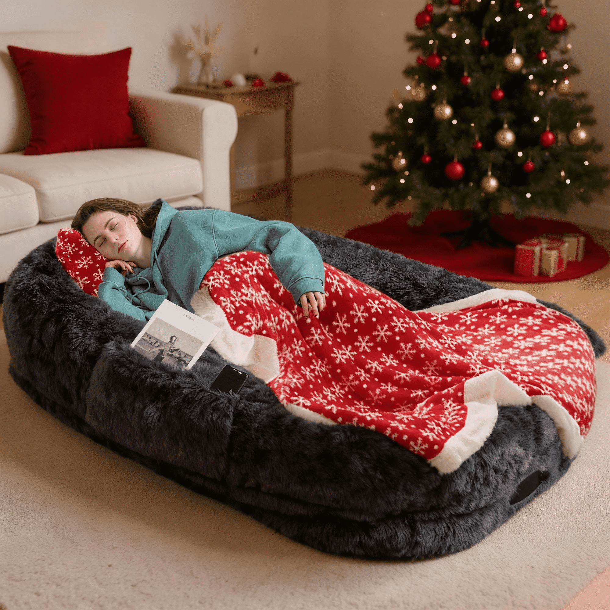 Dokdogs Human Dog Bed, 70"x44"x11" Size Fits You and Pets, Washable Faux Fur Dog Bed for People Doze off, Napping Orthopedic Dog Bed, Present Plump Pillow, Blanket, Strap - Darkgrey Christmas Edition